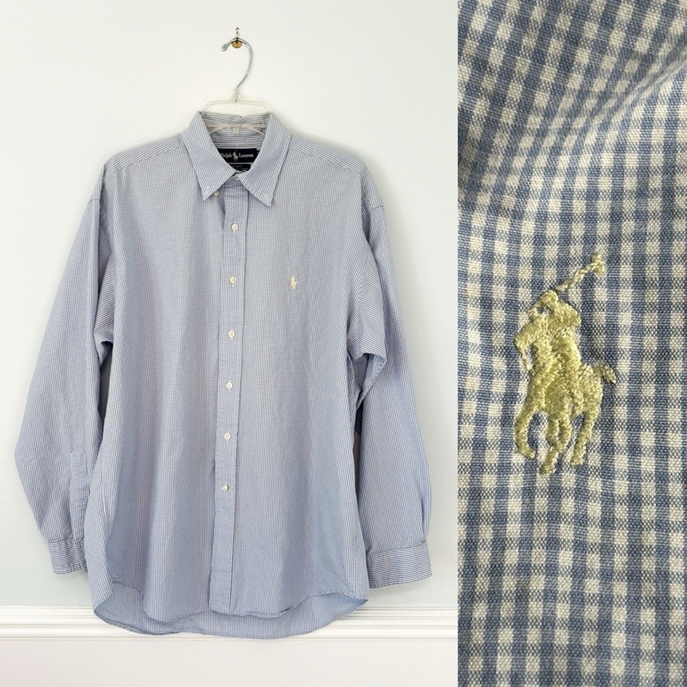 Ralph Lauren Blake 100% Two-Ply Cotton Button-Up Shirt Men Size L Blue Gingham